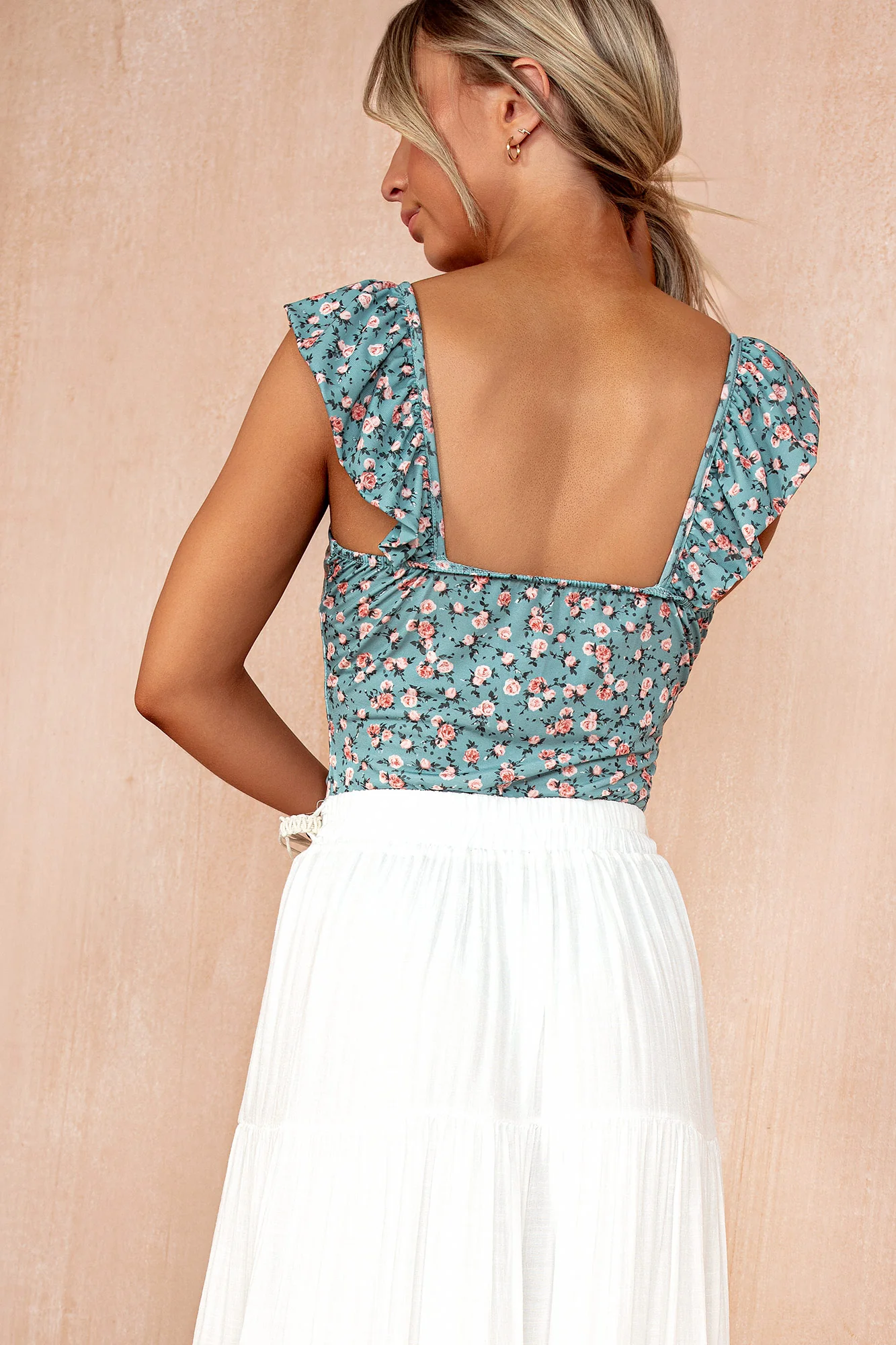 Frankie Sage Ditsy Print Frill Sleeve Bodysuit - Enricherlife