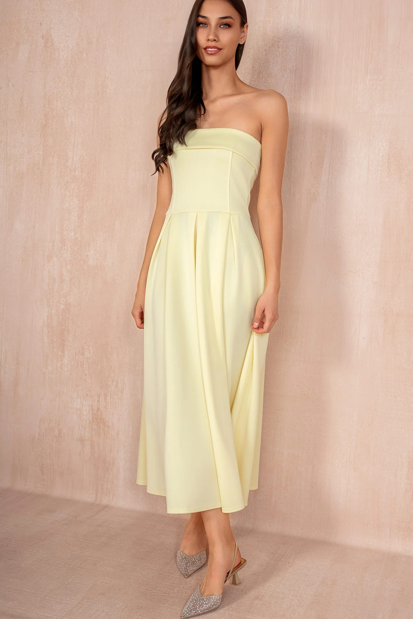 Danni Lemon Bandeau Pleated Midi Dress - Enricherlife