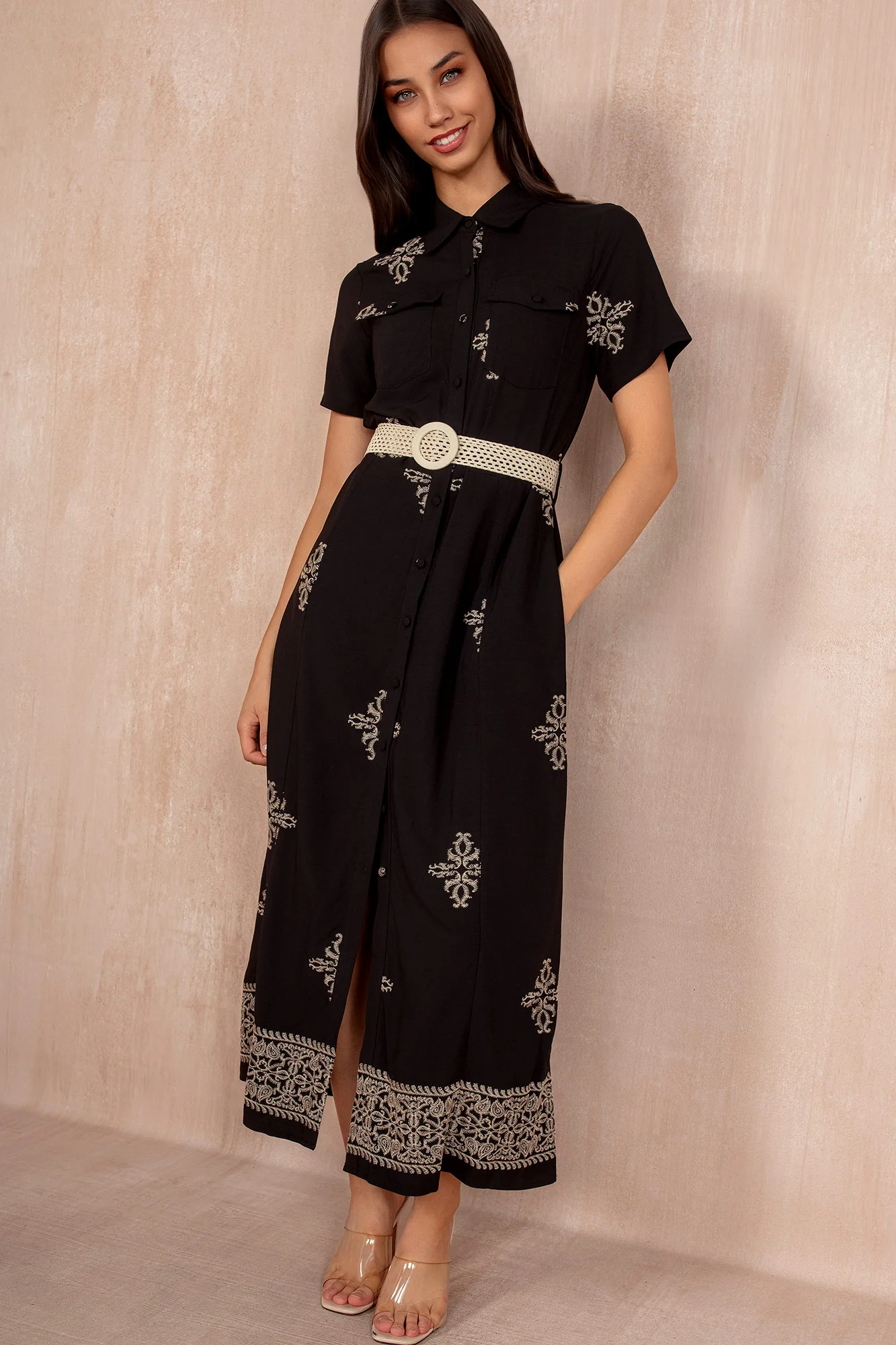 Solene Black Embroidered Shirt Dress - Enricherlife