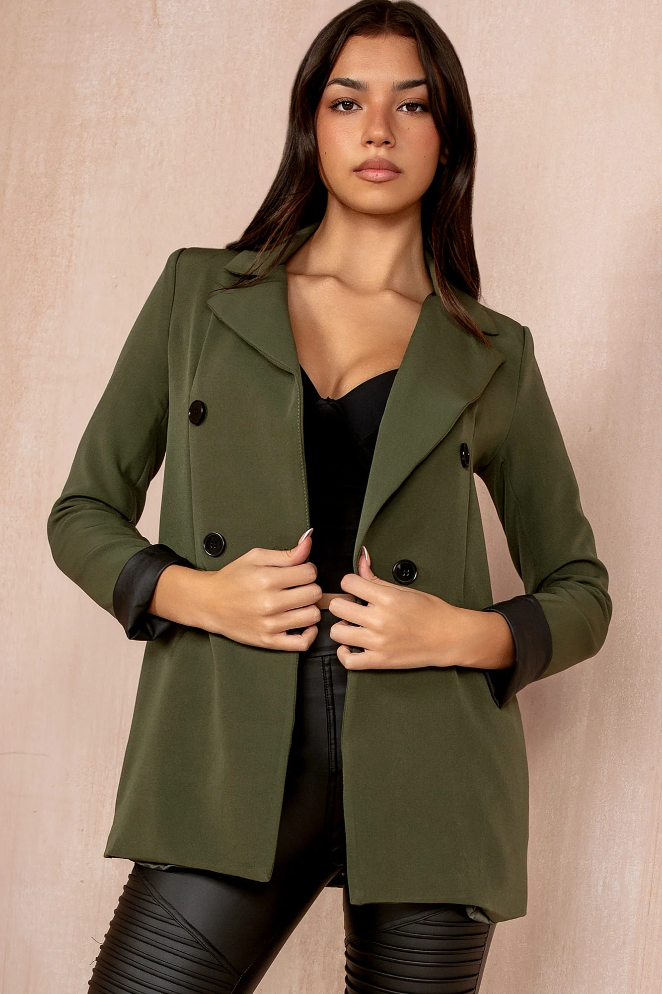Bridgy Khaki Leather Cuff Blazer - Enricherlife