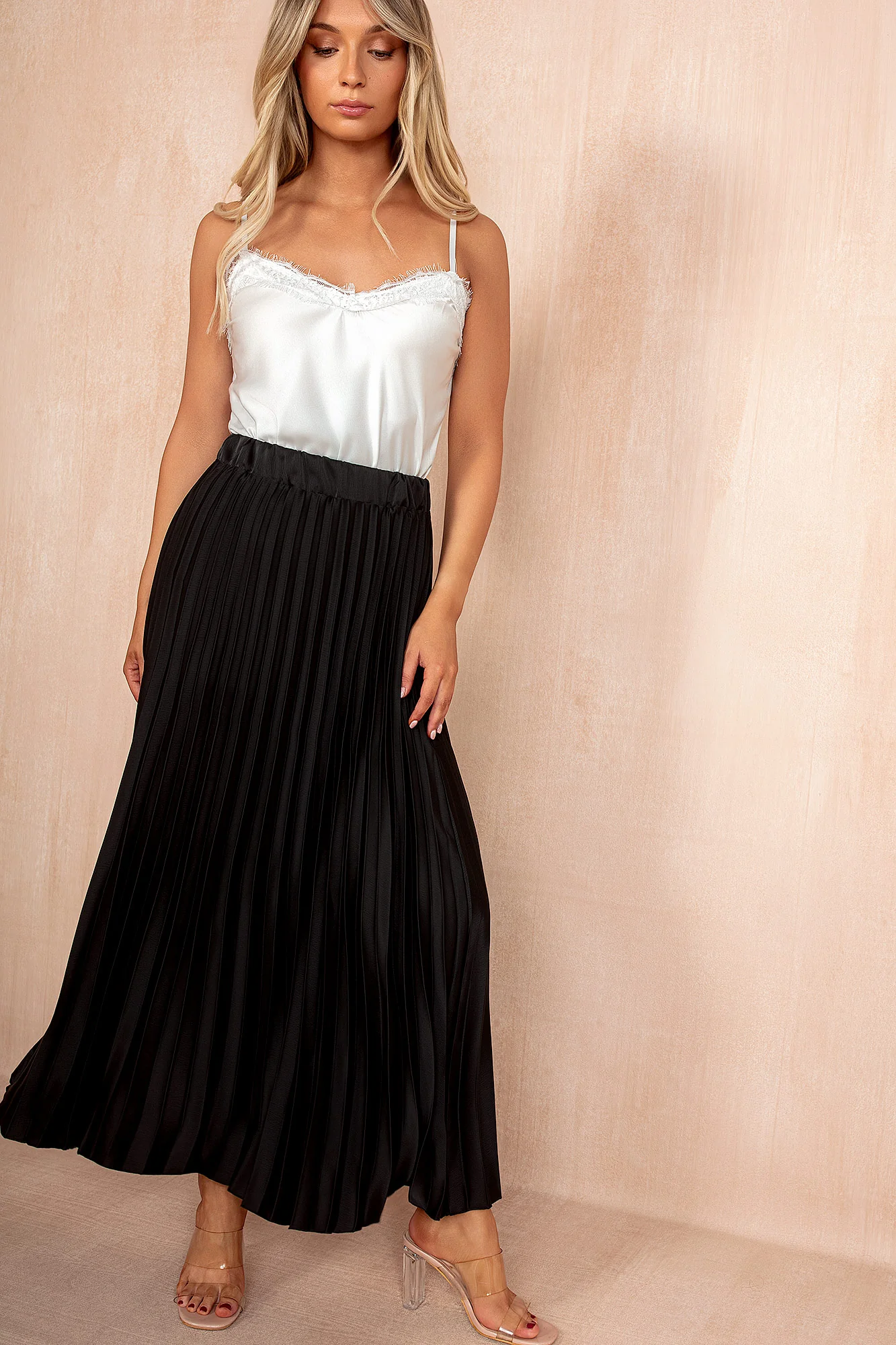 Eliza Black Satin Pleated Midi Skirt - Enricherlife