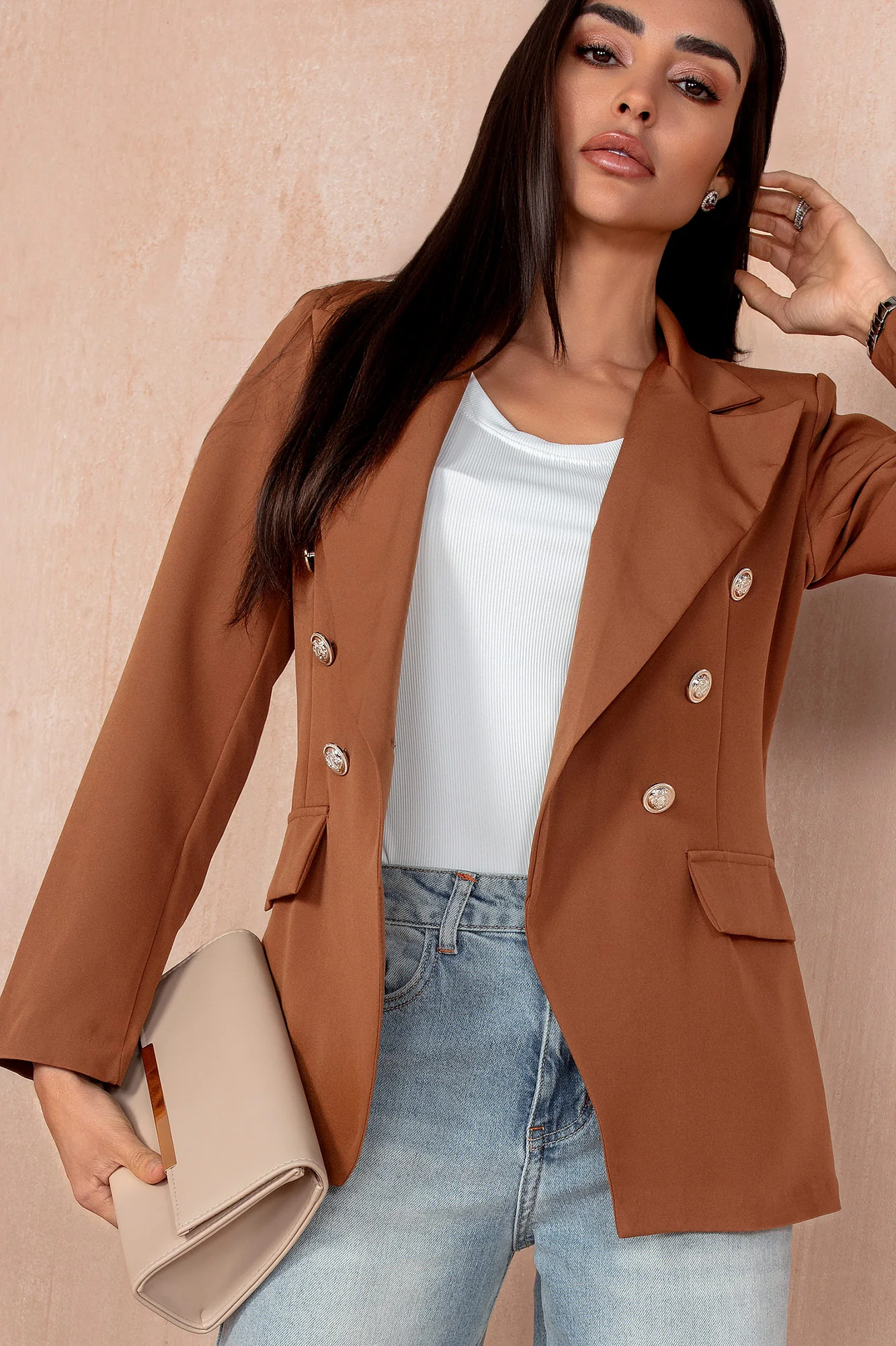 Haddie Tan Button Detail Blazer - Enricherlife