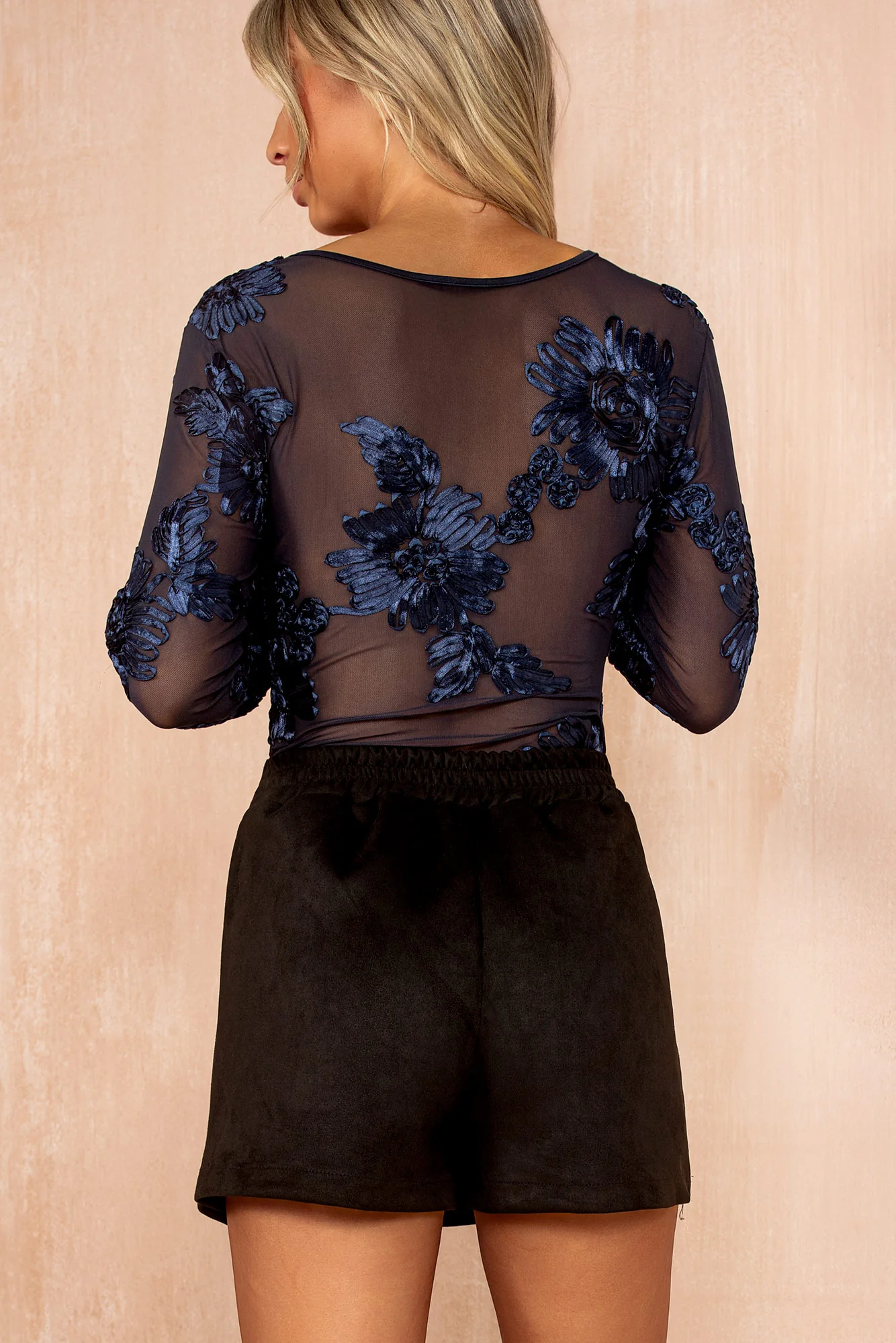 Parker Navy Mesh Floral Devore Bodysuit - Enricherlife