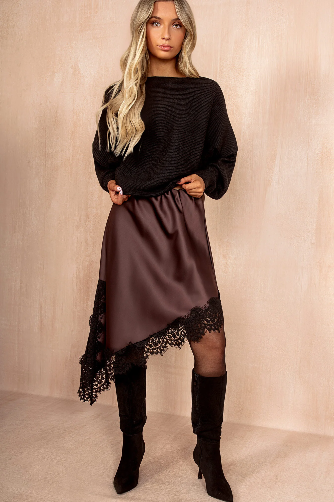 Imani Chocolate Satin Lace Asymmetric Skirt - Enricherlife
