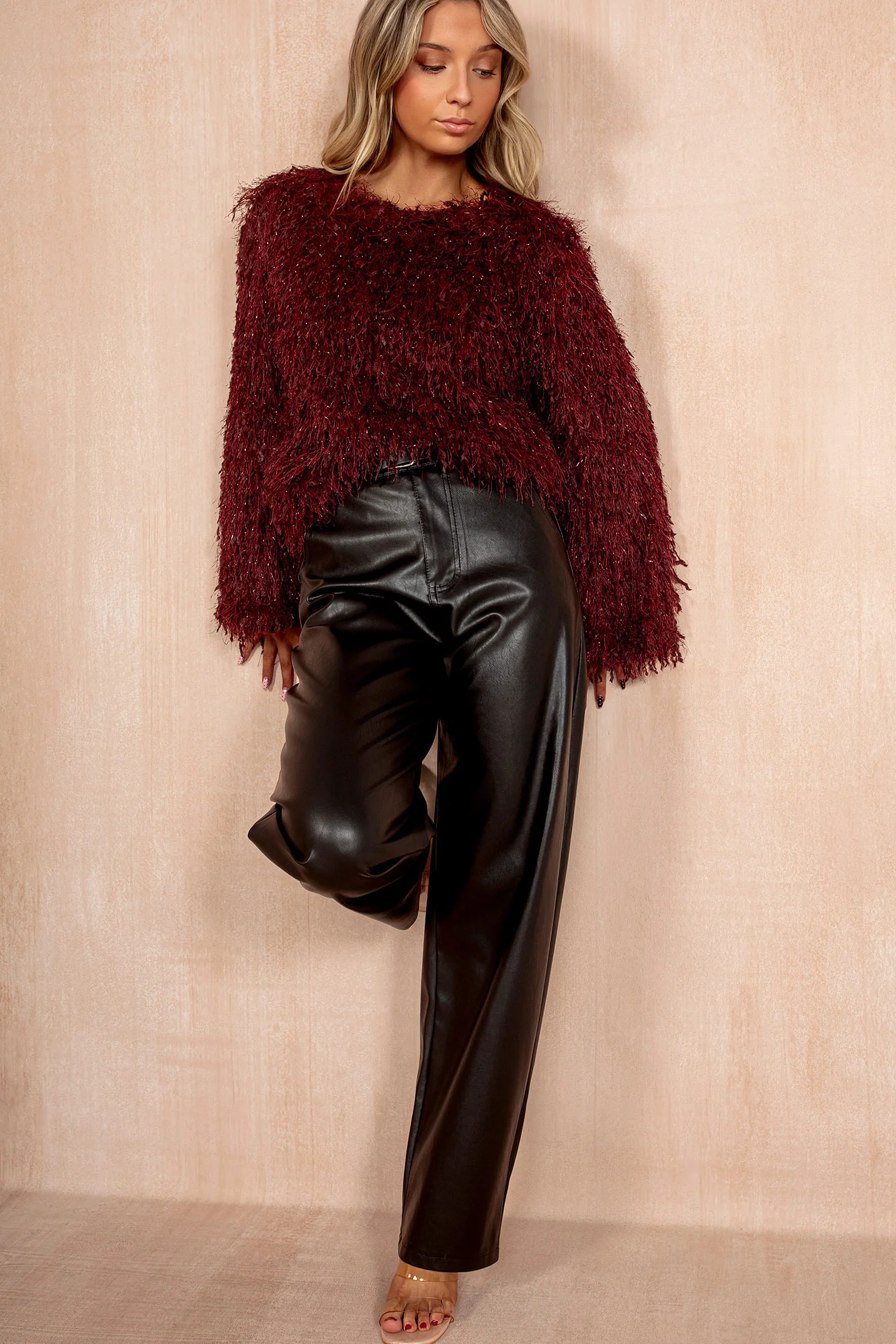 Zuri Burgundy Faux Feather Sparkle Top - Enricherlife