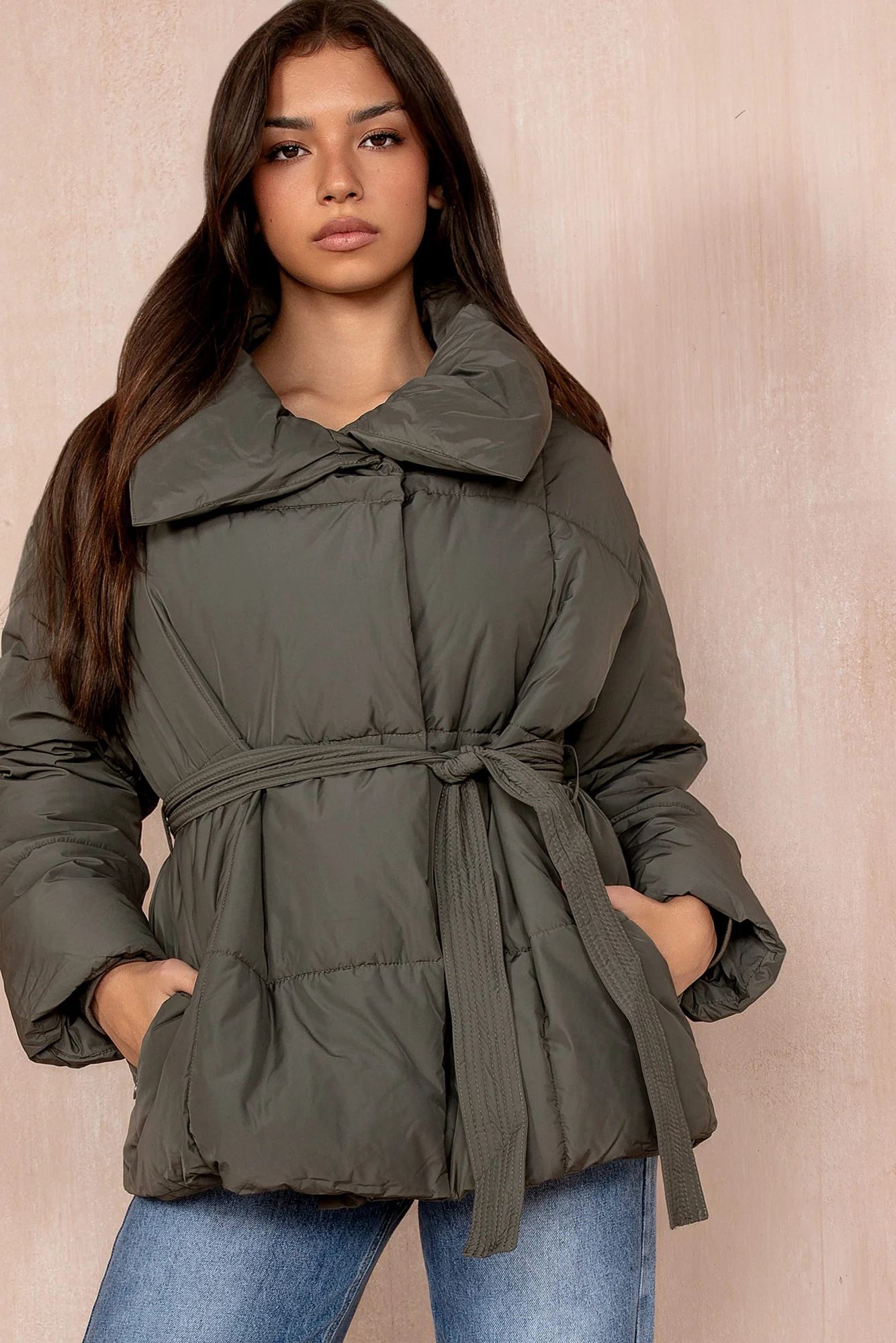 Larisa Khaki Belted Puffer Jacket - Enricherlife