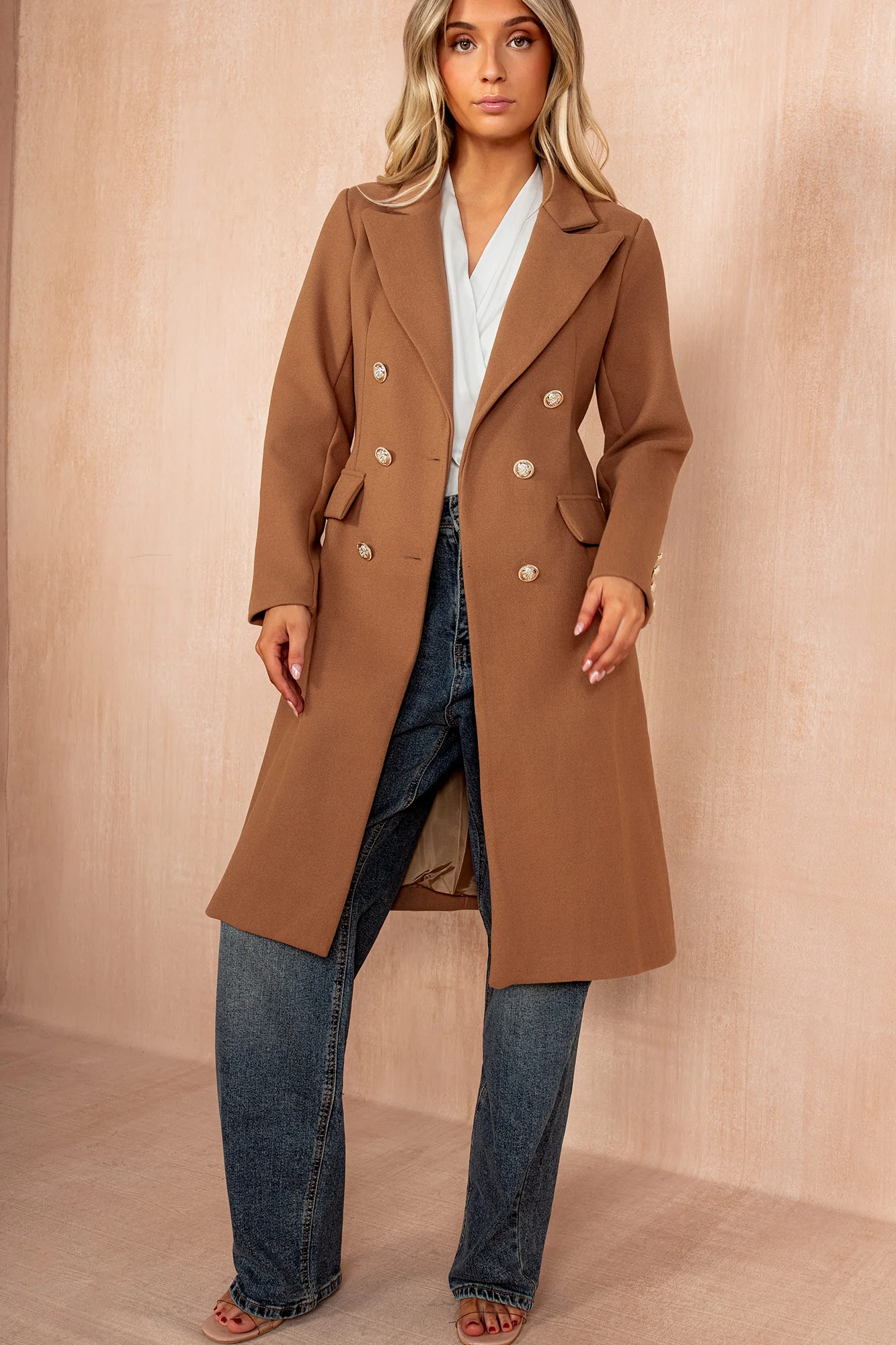 Winona Camel Longline Double Breasted Coat - Enricherlife