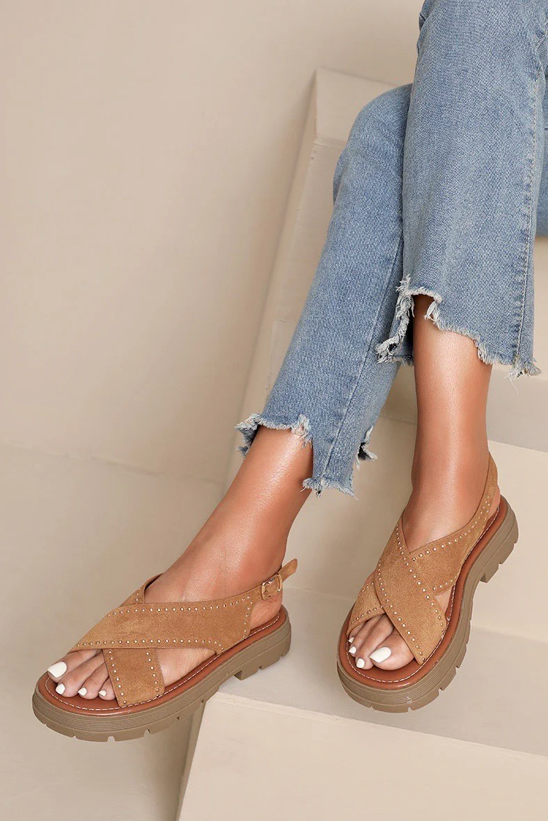 Selina Camel Studded Sandals - Enricherlife