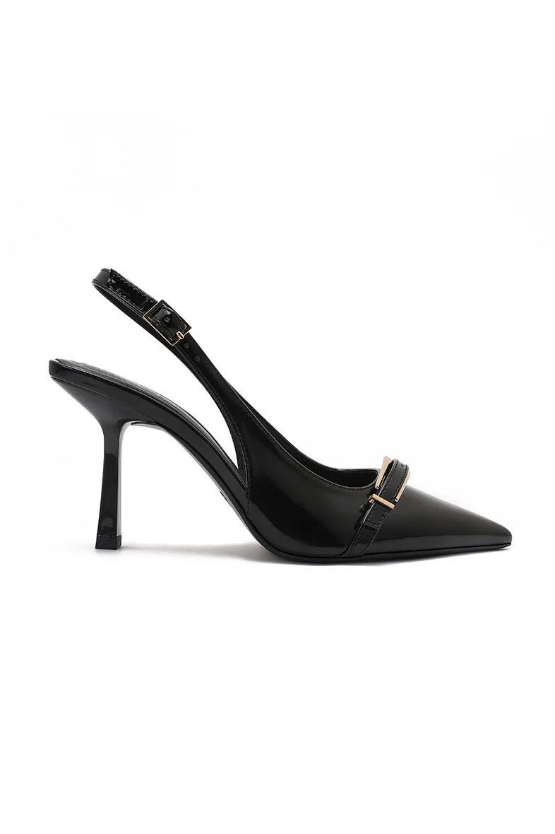 Quill Black Patent Buckle Slingback Heels - Enricherlife