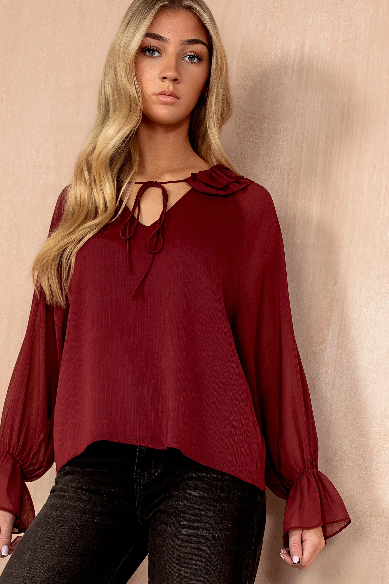 Violette Burgundy Chiffon Frill Blouse - Enricherlife