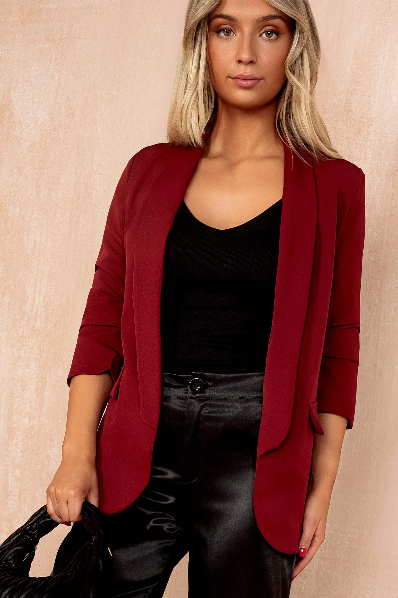 Maxine Burgundy Ruched Sleeve Blazer - Enricherlife