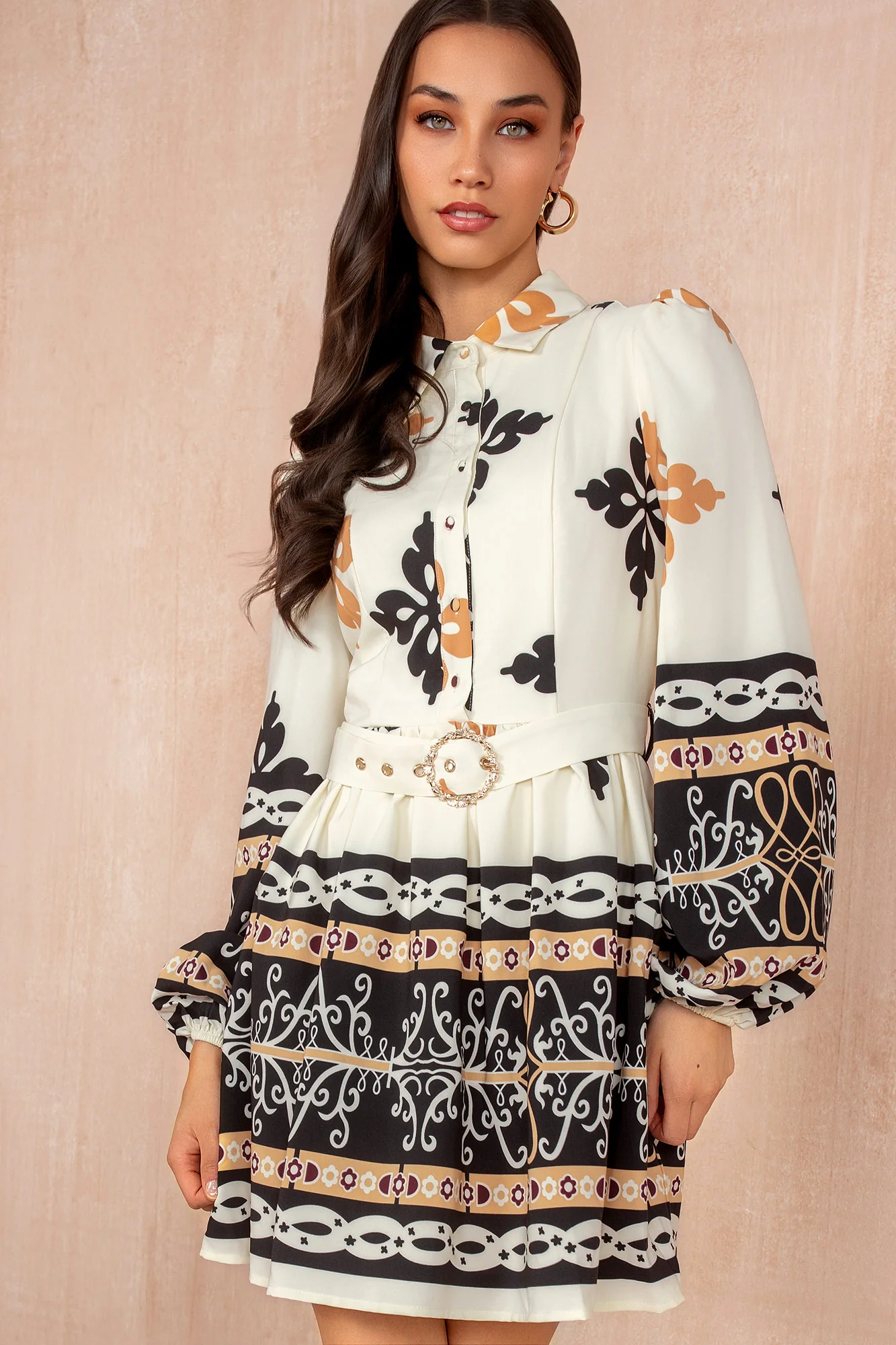 Brady Cream Boarder Print Shirt Dress - Enricherlife