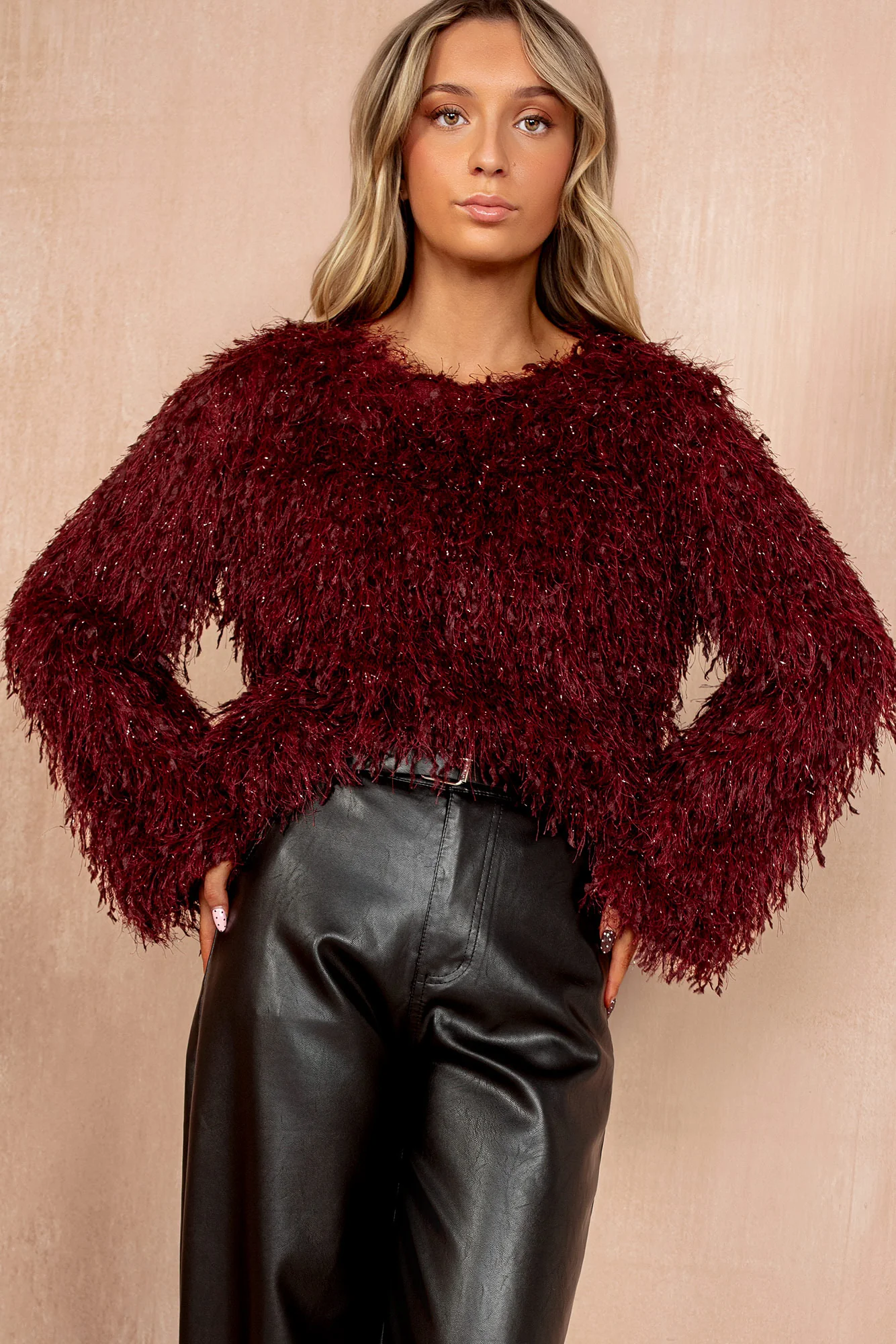 Zuri Burgundy Faux Feather Sparkle Top - Enricherlife