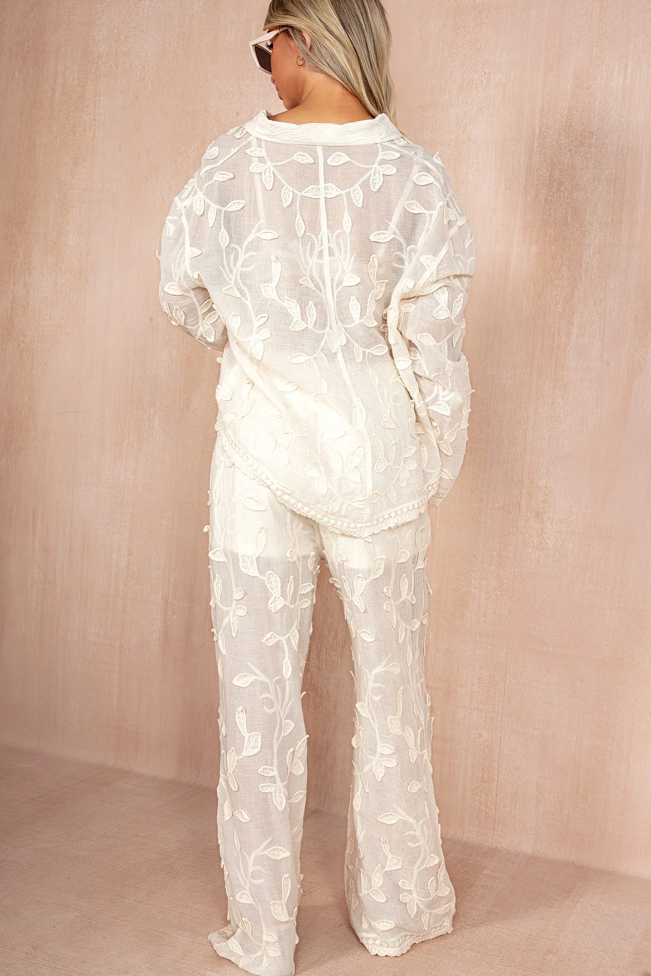 Amanda Cream Embroidered Wide Leg Trousers - Enricherlife