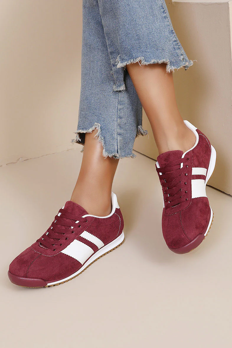 Orianna Burgundy Suedette Trainers - Enricherlife