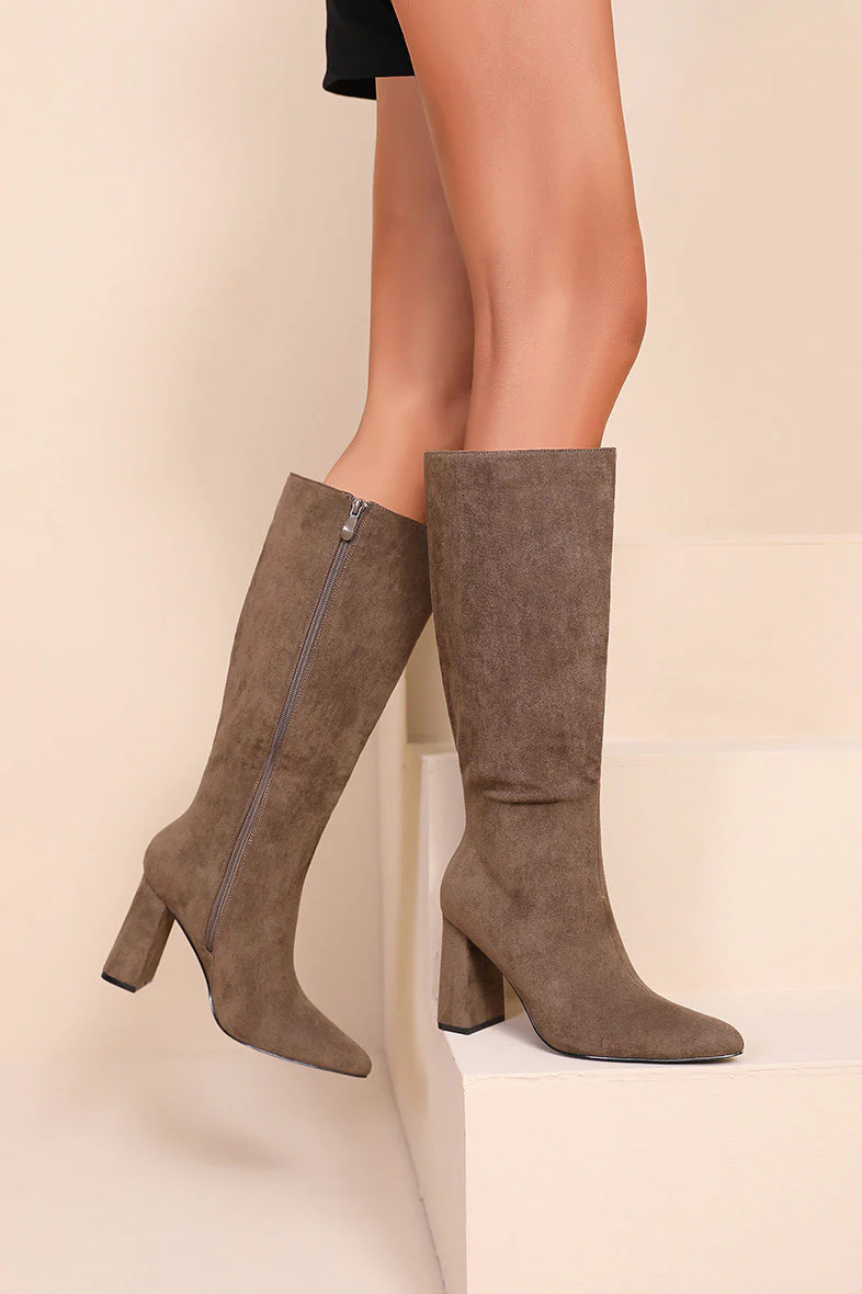 Aurora Khaki Suedette Knee High Boots - Enricherlife