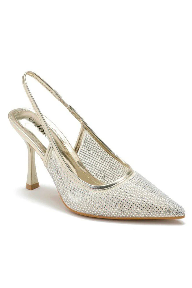 Lacy Gold Diamante Slingback Heels - Enricherlife