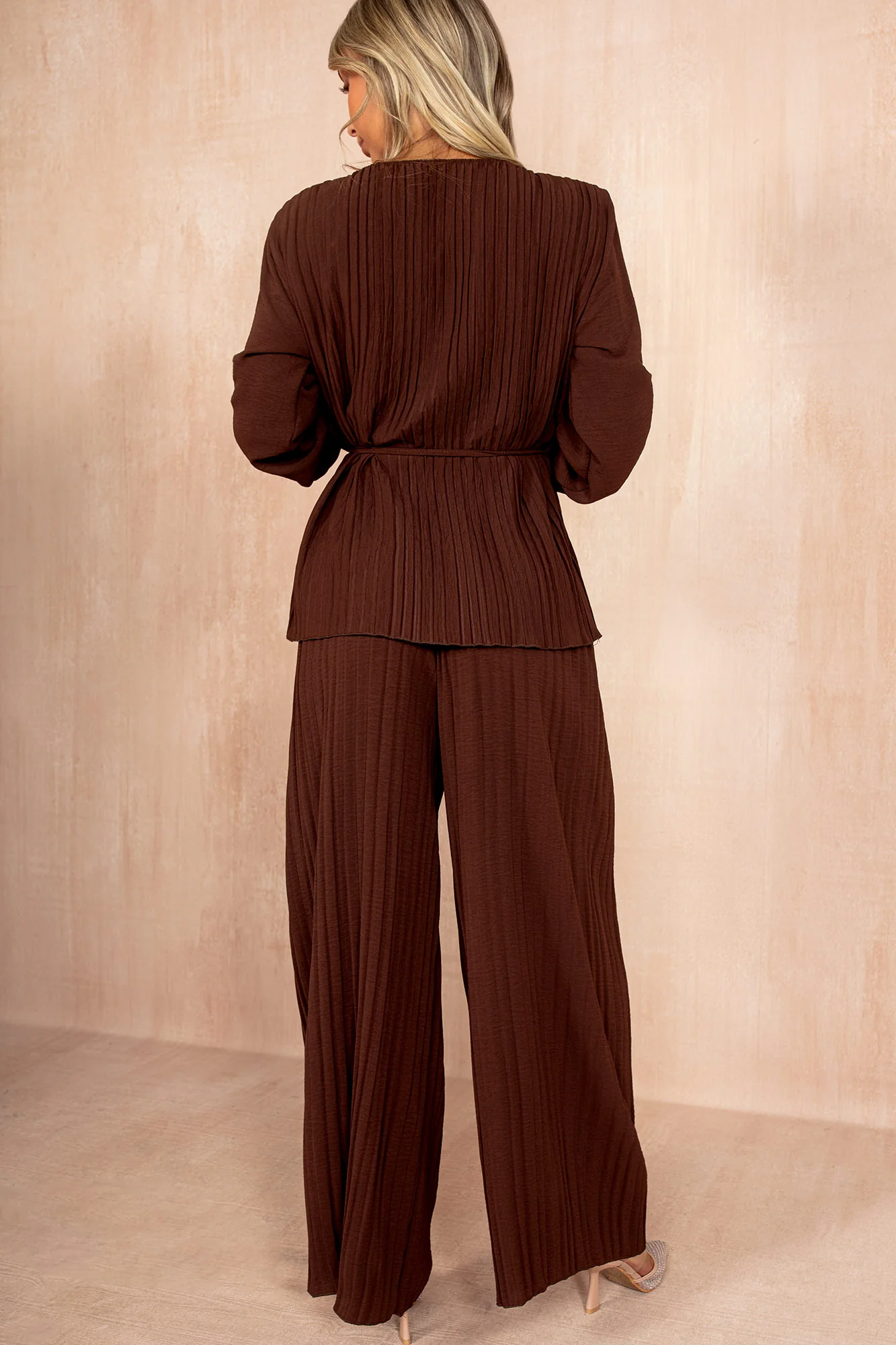 Theo Chocolate Pleated Belted Co Ord - Enricherlife