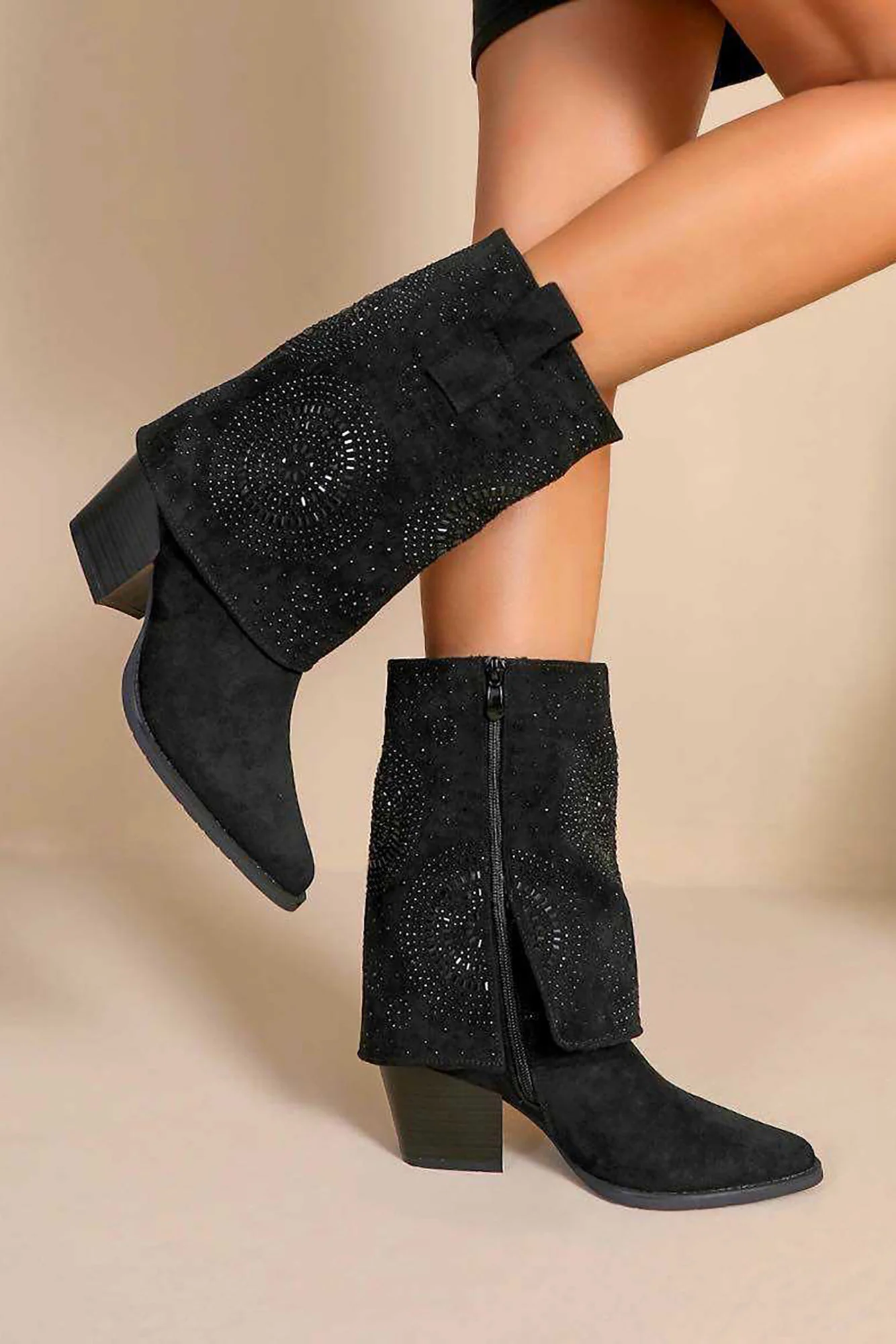 Lola Black Suedette Diamante Foldover Boots - Enricherlife
