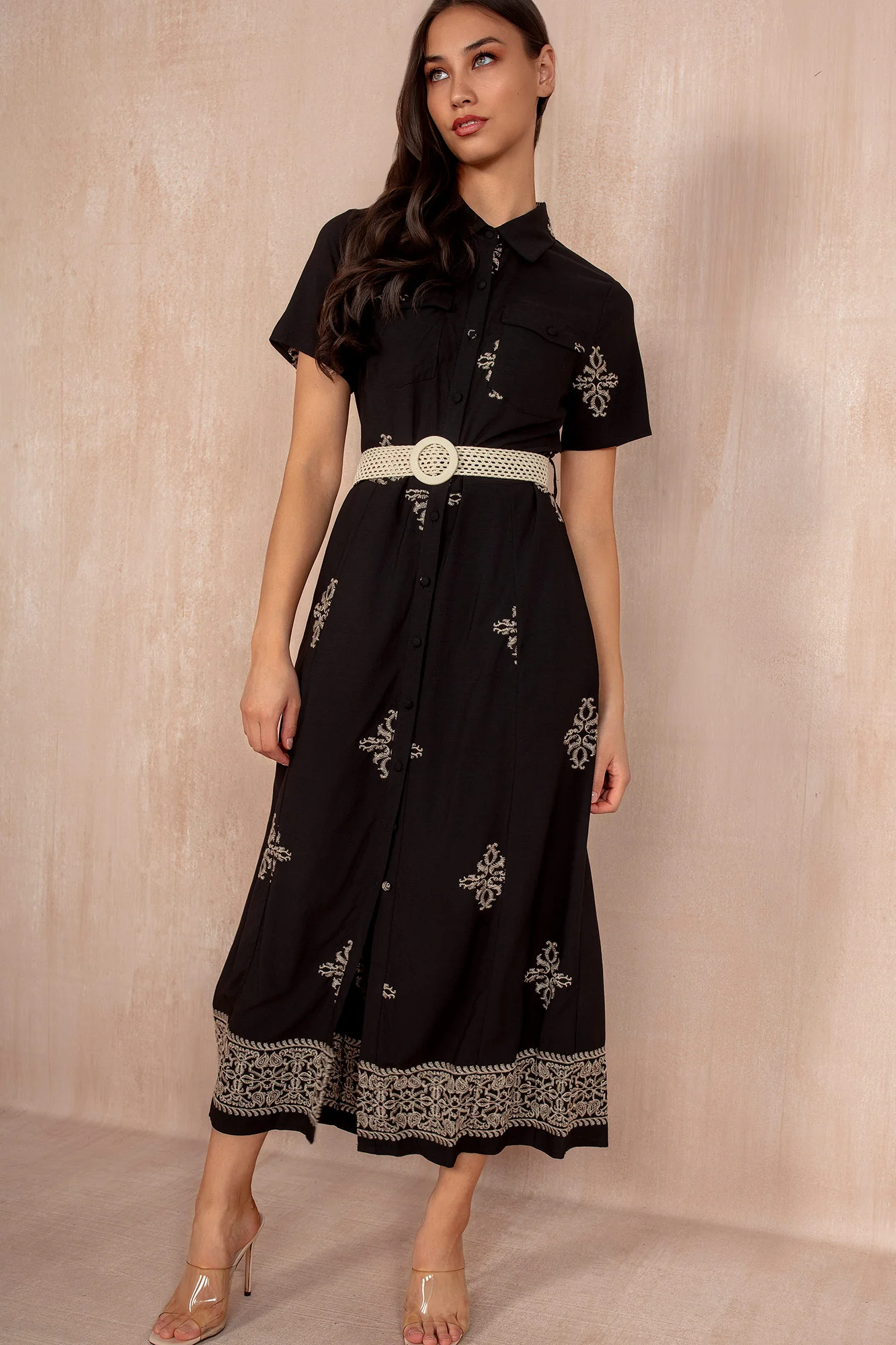Solene Black Embroidered Shirt Dress - Enricherlife