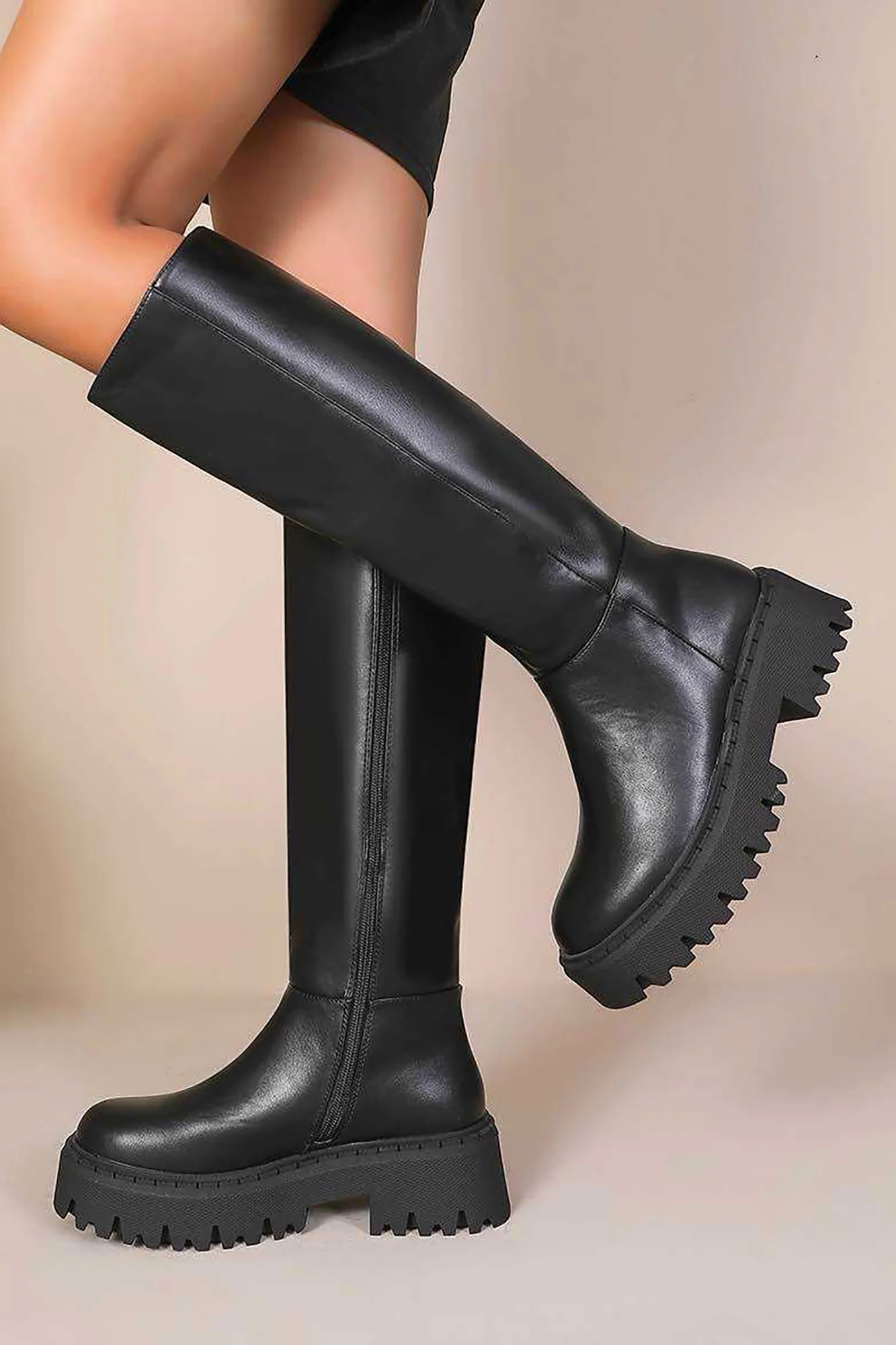 Camilla Black Faux Leather Chunky Knee High Boots - Enricherlife
