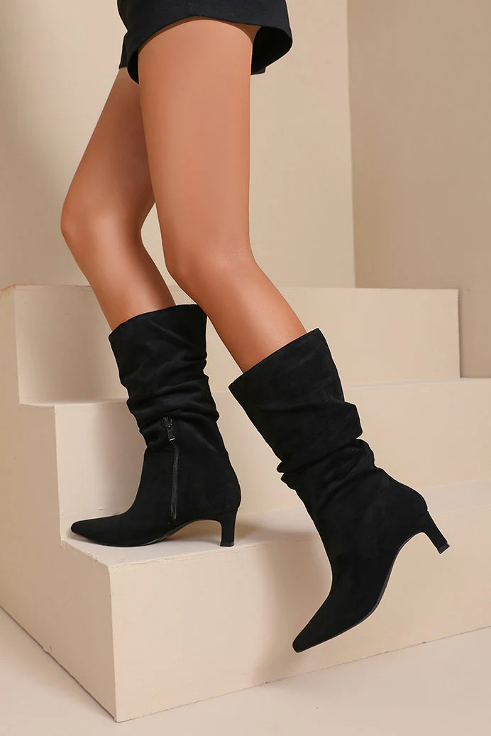 Nova Black Faux Suede Heeled Boots - Enricherlife