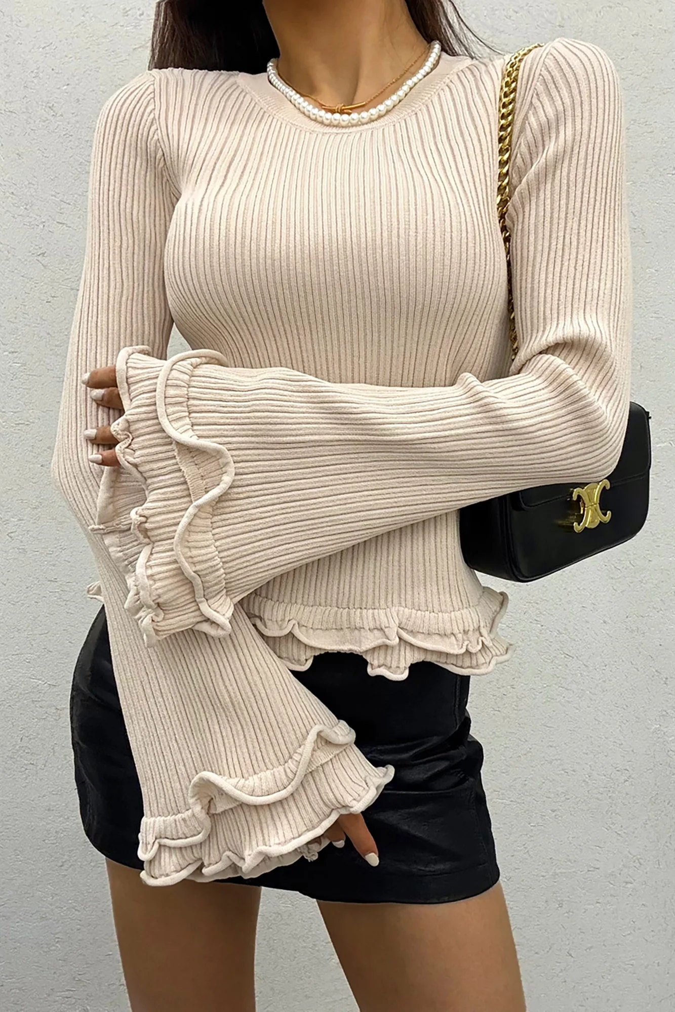 Vaeda Stone Ribbed Knit Frill Top - Enricherlife